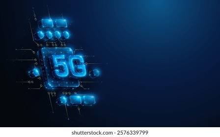 Abstract illustration of low poly 5G wireless mobile network cpu chip. Blue geometric background depicting 5th generation communication hardware technology concept by wireframe mesh