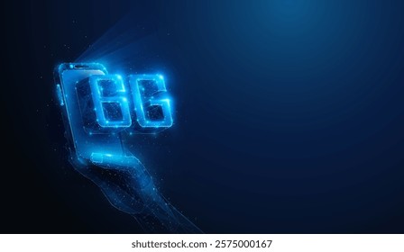 Abstract illustration of low poly 6G wireless mobile network smartphone in hand. Blue geometric background depicting sixth generation communication hardware technology concept by wireframe mesh