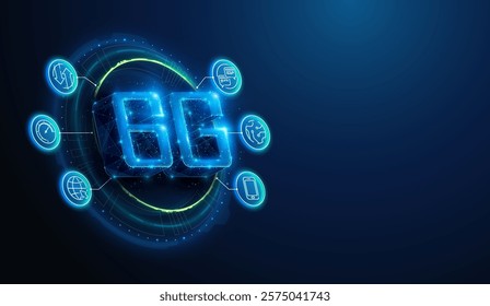 Abstract illustration of low poly  6G wireless mobile network connection with lineart icons. Blue geometric background depicting sixth generation communication technology concept by wireframe mesh