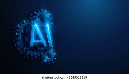 Abstract illustration of low poly AI over gears. Blue geometric background depicting artificial intelligence service setup, tech support and maintenance concept by wireframe connection structure