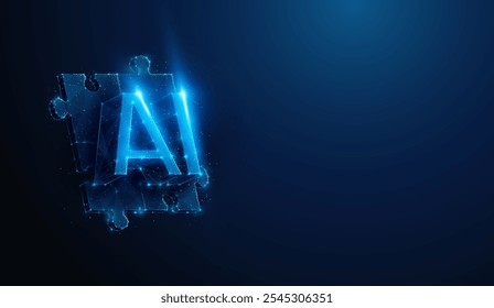 Ilustración Abstractas de baja poli AI sobre rompecabezas. Fondo geométrico azul que representa la solución de problemas de tecnología de inteligencia artificial y el concepto de organización empresarial de tecnología por malla de alambre