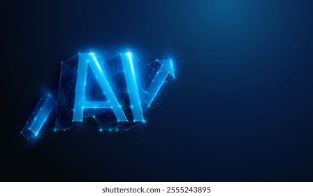 Abstract illustration of low poly AI over arrow up graph. Blue geometric background depicting artificial intelligence technology industry growth concept by wireframe connection structure