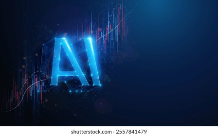 Abstract illustration of low poly AI over stock market graph. Blue geometric background depicting artificial intelligence technology industry growth concept by wireframe connection structure