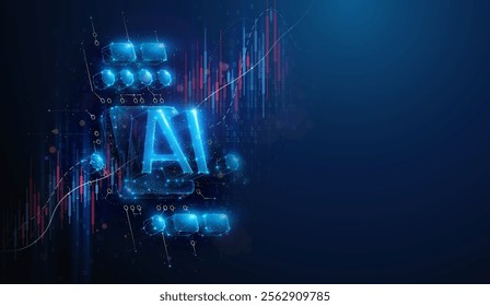 Abstract illustration of low poly AI cpu chip over stock market graph. Geometric background depicting artificial intelligence technology computing hardware industry growth concept by wireframe mesh