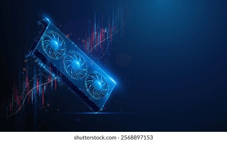 Abstract illustration of low poly AI GPU graphics card over stock market graph. Geometric background on artificial intelligence technology computing hardware industry growth concept by wireframe mesh