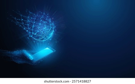 Abstract illustration of low poly basketball falling into the net and score points over smartphone in hand. Blue geometric background depicting online sports betting concept by wireframe mesh