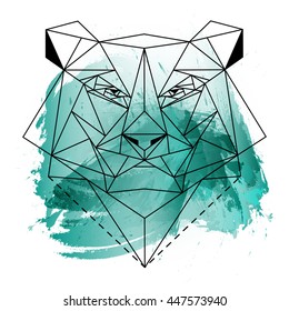 Abstract illustration with low poly bear on blue watercolor