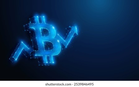 Ilustración Abstractas de signo de criptomoneda Bitcoin de bajo poli BTC sobre gráfico de flecha hacia arriba. Fondo geométrico azul que representa el concepto financiero de crecimiento del tipo de cambio de la criptomoneda por malla de alambre