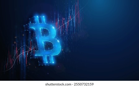 Ilustración Abstractas de signo de criptomoneda BTC Bitcoin de baja poli sobre gráfico de datos del mercado de valores. Fondo geométrico que representa el concepto financiero de crecimiento del tipo de cambio de la criptomoneda por malla de alambre