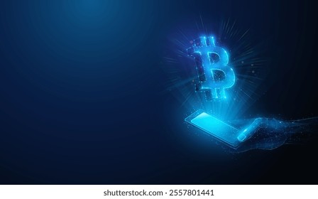 Abstract illustration of low poly BTC bitcoin cryptocurrency sign over smartphone in hand. Blue geometric background depicting crypto cyrrency wallet mobile phone app concept by wireframe mesh