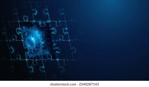 Abstract illustration of low poly cog wheels underneath jigsaw puzzle. Blue geometric background depicting synergy problem solving, partnership and business teamwork concept by wireframe mesh