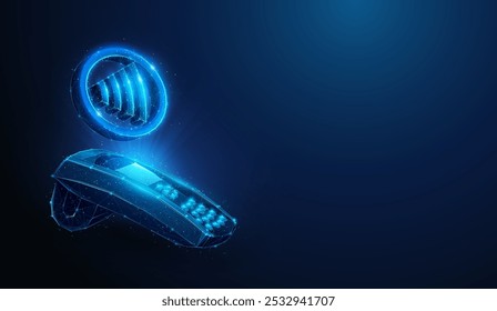 Ilustración Abstractas de signo de pago sin contacto de baja poli sobre terminal de pago POS. Fondo geométrico que representa la tecnología RFID y la comunicación de campo cercano para el concepto de pagos por malla de alambre