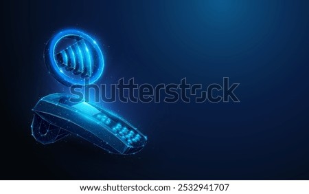 Abstract illustration of low poly contactless payment sign over pos paying terminal. Geometric background depicting RFID technology and near-field communication for payments concept by wireframe mesh