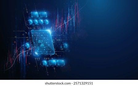 Abstract illustration of low poly cpu microchip over stock market graph. Blue geometric background depicting artificial intelligence computing hardware industry growth concept by wireframe mesh