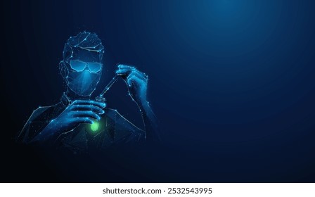 Abstract illustration of low poly doctor developing innovative vaccine or drug. Blue geometric background depicting biotechnology scientific research medical concept by wireframe connection structure