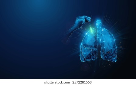 Abstract illustration of low poly doctor hand applying antibiotics to cure human lungs.Blue geometric background depicting pulmonary and respiratory system healthcare medical concept by wireframe mesh