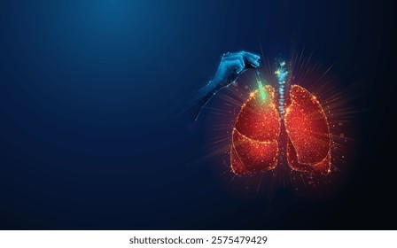 Abstract illustration of low poly doctor hand applying antibiotics to cure red human lungs made of neon particles. Blue geometric background depicting respiratory system healthcare medical concept