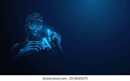 Abstract illustration of low poly engineer putting together AI. Blue geometric background depicting artificial intelligence innovation technology development concept by wireframe mesh