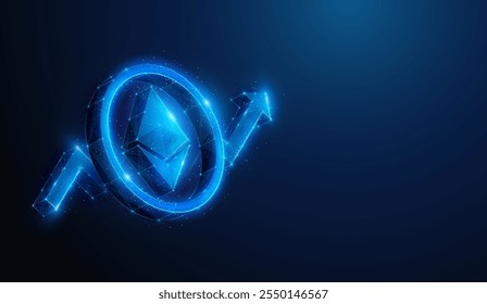 Ilustración Abstractas de signo de criptomoneda ETH de Ethereum de bajo poli sobre gráfico de flecha hacia arriba. Fondo geométrico azul que representa el concepto financiero de crecimiento del tipo de cambio de la criptomoneda por malla de alambre