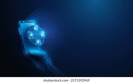 Abstract illustration of low poly gaming controller d-pad on smartphone in hand. Blue geometric background depicting mobile gaming and retro game console emulation concept by wireframe mesh