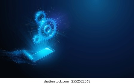 Ilustración Abstractas de holograma de engranajes poli bajos sobre teléfono inteligente en la mano. Fondo geométrico azul que representa el desarrollo empresarial, tecnología de innovación, concepto de estrategia de inversión por malla de alambre