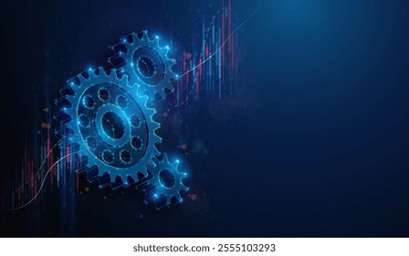 Abstract illustration of low poly gears over stock market graph. Geometric background depicting engineering development and manufacturing industry market growth financial concept by wireframe mesh