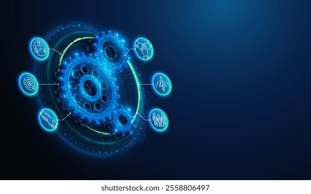 Abstract illustration of low poly gears and teambuilding themed lineart icons. Geometric background depicting industry synergy partnership and teamwork concept by wireframe mesh