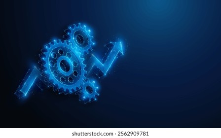 Abstract illustration of low poly gears over arrow up symbol. Geometric background depicting engineering development and manufacturing industry market growth financial concept by wireframe mesh