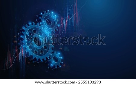 Abstract illustration of low poly gears over stock market graph. Geometric background depicting engineering development and manufacturing industry market growth financial concept by wireframe mesh