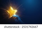 Abstract illustration of low poly gold star rating in hand. Blue geometric background depicting customer feedback or award for excellent service concept by wireframe connection structure