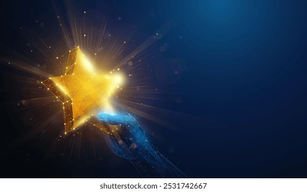 Abstract illustration of low poly gold star rating in hand. Blue geometric background depicting customer feedback or award for excellent service concept by wireframe connection structure