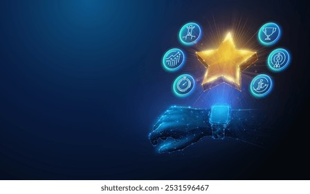 Abstract illustration of low poly golden star with achievement icons over smart watch. Blue geometric background depicting reward for activities and fitness tracking concept by wireframe mesh