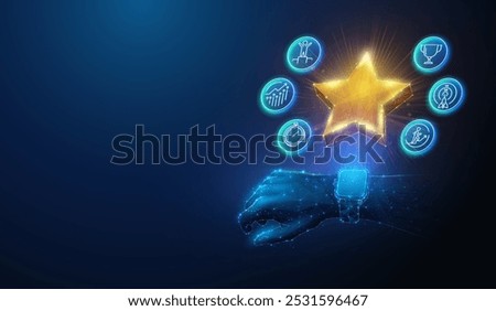 Abstract illustration of low poly golden star with achievement icons over smart watch. Blue geometric background depicting reward for activities and fitness tracking concept by wireframe mesh