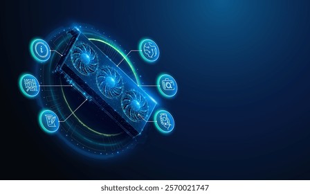 Abstract illustration of low poly GPU graphics card accelerator with AI themed lineart icons. Geometric background on artificial intelligence technology computing hardware concept by wireframe mesh