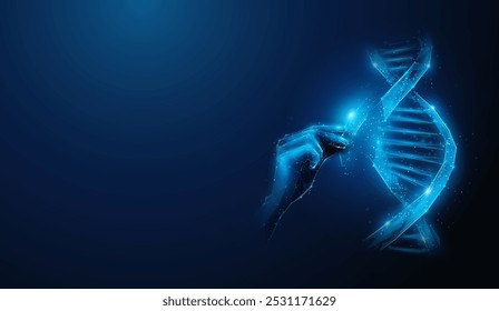 Abstract illustration of low poly hand operating with human dna helix. Blue geometric background depicting human genome health care medical concept by wireframe connection structure