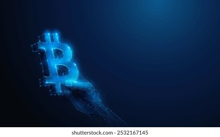 Abstract illustration of low poly hand holding BTC Bitcoin cryptocurrency sign. Blue geometric background depicting paying process or shopping concept by wireframe connection structure