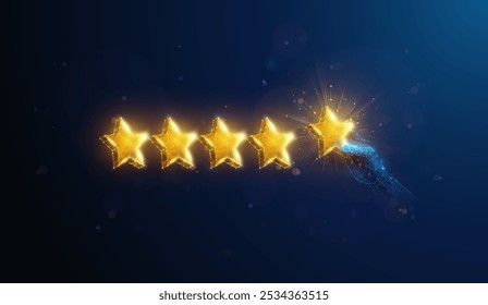 Abstract illustration of low poly hand giving five gold stars review. Blue geometric background depicting online customer satisfaction survey service concept by wireframe connection structure