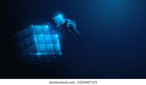 Ilustração abstrata da mão poli baixa colocando o cubo pequeno à pilha de cubos. Fundo geométrico azul que representa a resolução de problemas e o conceito de trabalho em equipe empresarial por estrutura de conexão wireframe