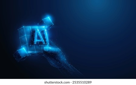 Abstract illustration of low poly hand hold ai blockchain cubes. Blue geometric background depicting artificial intelligence, blockchain technology, big data concept by wireframe connection structure