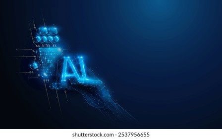 Ilustração abstrata de mão poli baixa colocando a tecnologia de IA no chip da cpu. Fundo geométrico azul representando o conceito de desenvolvimento de hardware de computação de inteligência artificial por malha de arame