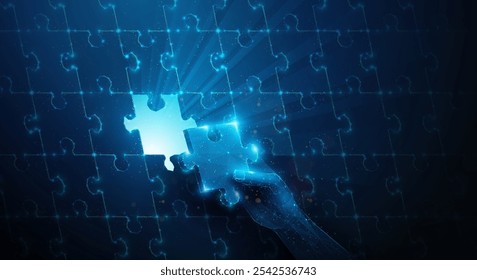 Abstract illustration of low poly hand completing puzzle. Blue geometric background depicting synergy partnership and business teamwork concept by wireframe connection structure