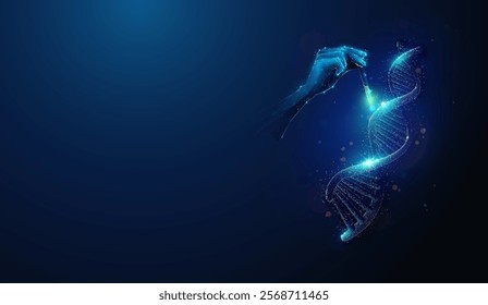 Abstract illustration of low poly hand cure human dna helix made of neon glowing particles. Blue geometric background on human genome 
engineering and health care medical concept by wireframe mesh