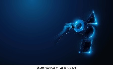 Abstract illustration of low poly hand putting cylinder into shape sorting toy. Blue geometric background on problem solving, machine learning and recognition concept by wireframe mesh