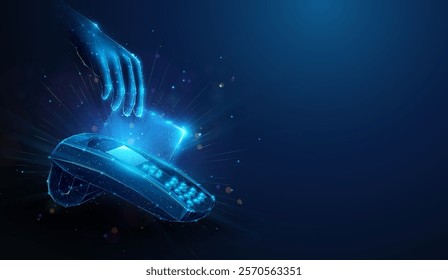 Abstract illustration of low poly hand paying by card on pos terminal. Blue geometric background depicting payment process by credit or debit card in retail store shopping concept by wireframe mesh