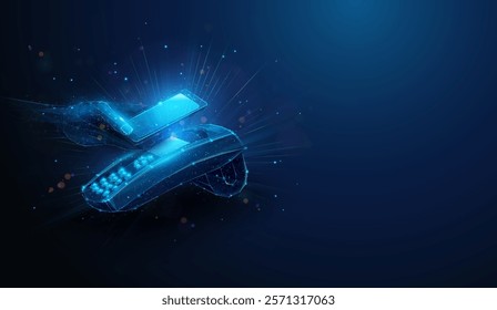 Abstract illustration low poly hand paying by smartphone on pos terminal with copy space on side. Geometric background depicting near-field communication payment technology concept by wireframe mesh