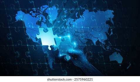 Abstract illustration of low poly hand put missing puzzle to world map.Blue geometric background depicting geopolitical synergy partnership, global crisis management politics concept by wireframe mesh