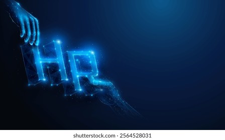 Abstract illustration of low poly hands approaching HR human resources 3d letters. Geometric background on business company hiring agency, employment, work force management concept by wireframe mesh