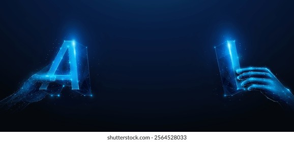 Abstract illustration of low poly hands approaching AI letters. Wide blue geometric background depicting artificial intelligence technology research and development concept by wireframe mesh