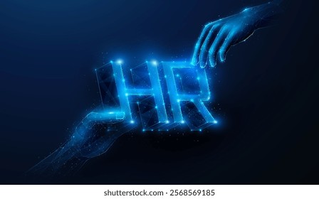 Abstract illustration of low poly hands approaching HR human resources letters in center. Business company hiring agency, employment, work force management concept by wireframe mesh on blue background