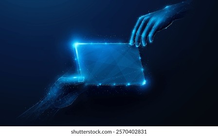 Abstract illustration of low poly hands sharing empty business card with copy space in center. Business communication concept by wireframe mesh on blue background